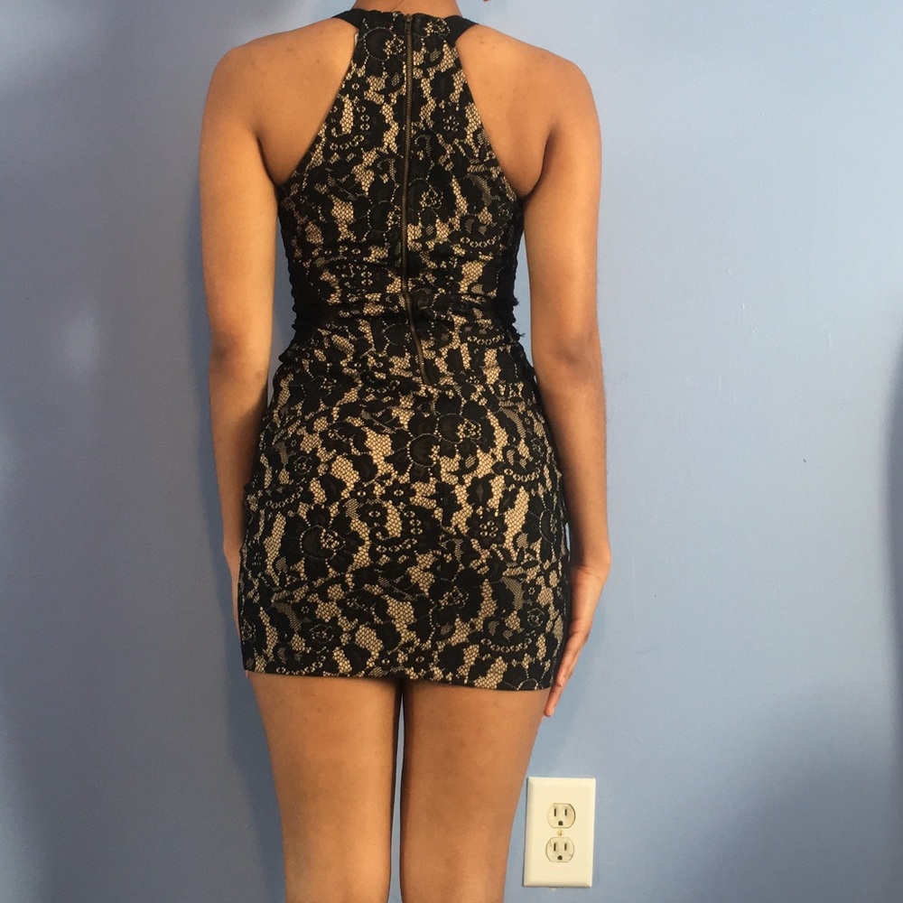 Nude black lace mini dress